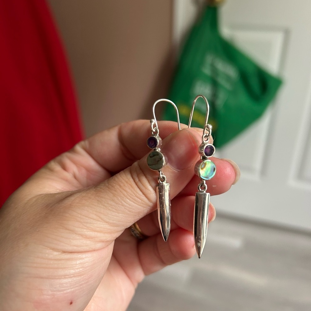 Abalone shell and amethyst sterling silver earrings 💚